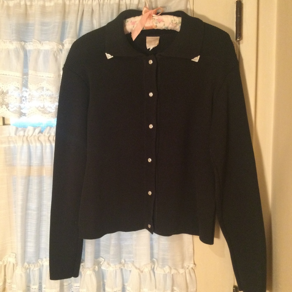 Black Knit Sweater With Bling Buttons and Silver Tips on collar by Von Saken
